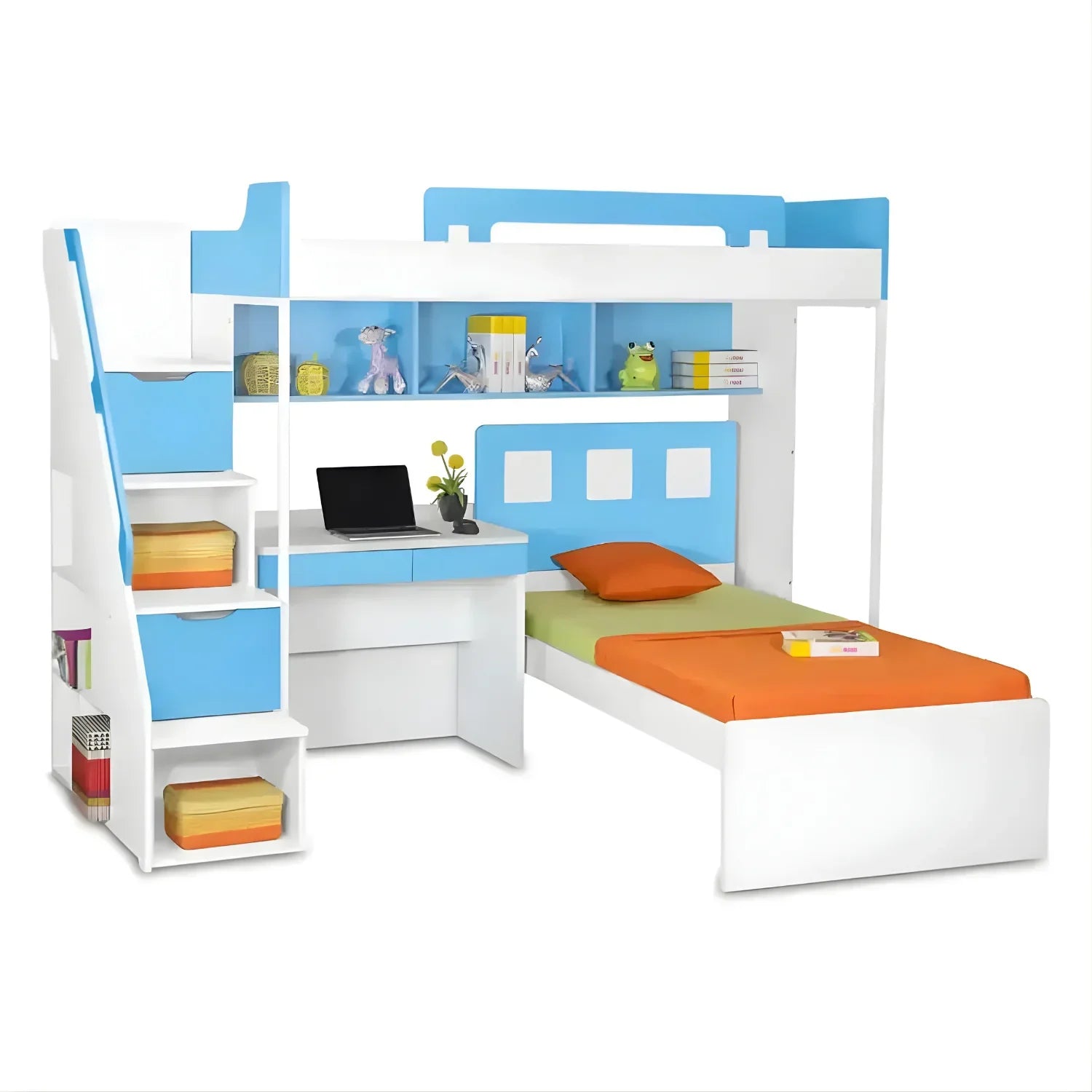 Secure Ladder Access Bunk Bed with Study Table in (Blue & White)
