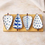 Leaf-Shaped Ceramic Serving Platter with Wooden Board | 4 Small Glossy Snack Tray | Perfect for Serving Sweets, Cookies, Dry Fruits, Mouth Freshener & Snacks (Blue & White)