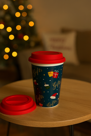 Christmas Ceramic Mug with Red Silicone Lid – 400 ml Coffee & Tea Cup