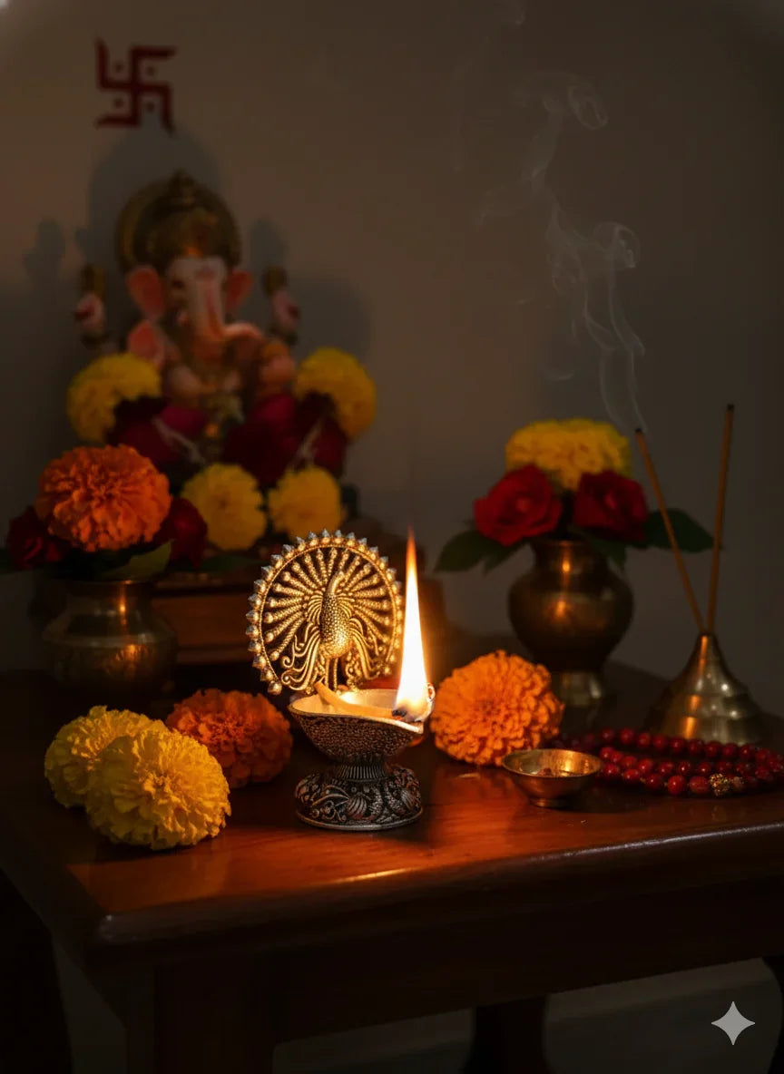 Pure Silver Plated Brass Peacock Diya