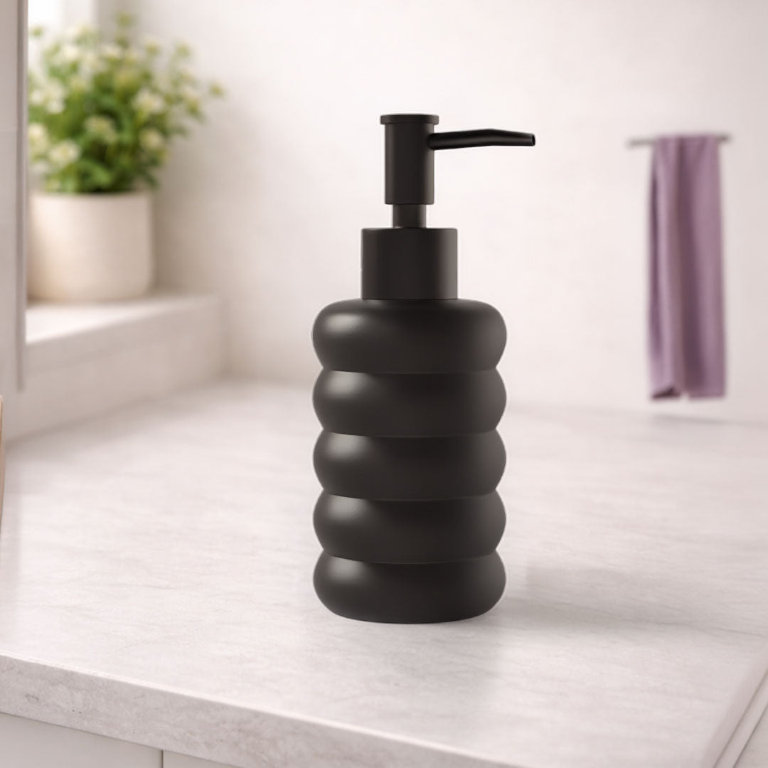 Rioware Outdoor Living Ceramic Liquid Soap Dispenser, 300ml, Multipurpose Refillable for Hand Wash, Dish Wash, Shampoo, Kitchen, Bathroom, and Household Use Pack of 1, Round Black