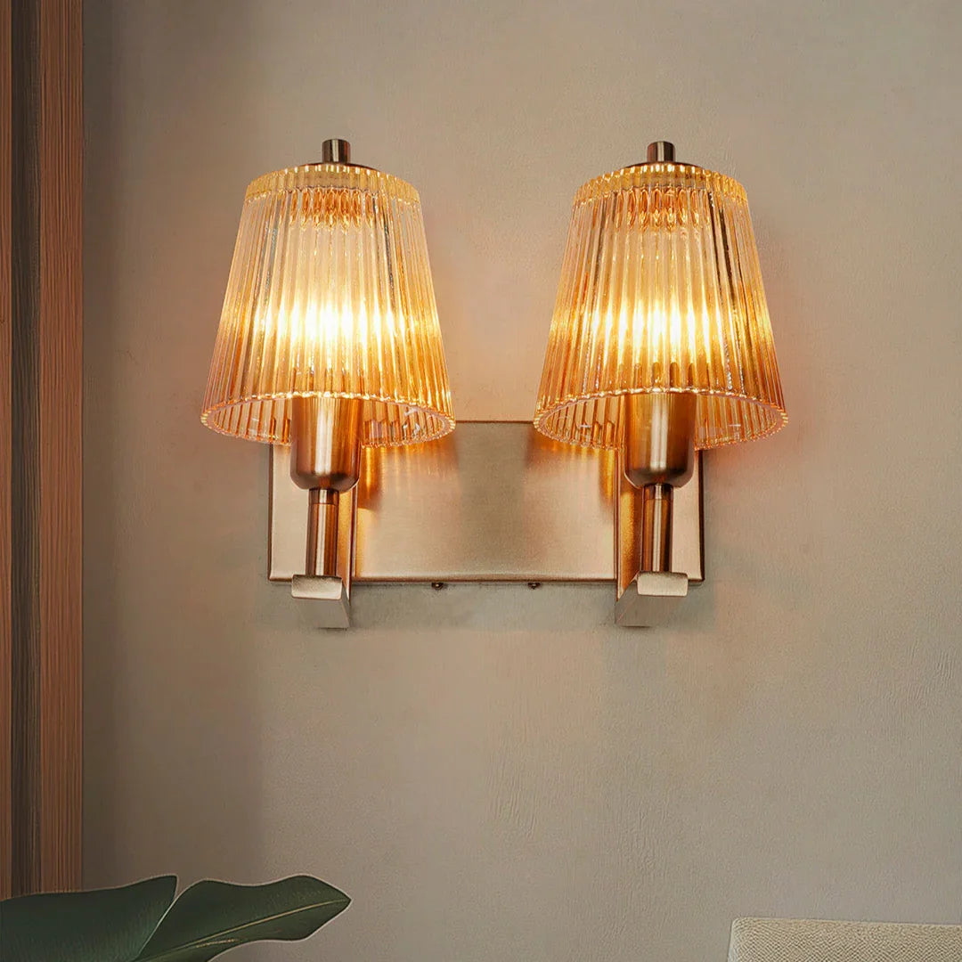 Modern Double Wall Sconce with Ribbed Glass Shades | Copper Wall Light for Living Room, Bedroom & Hallway