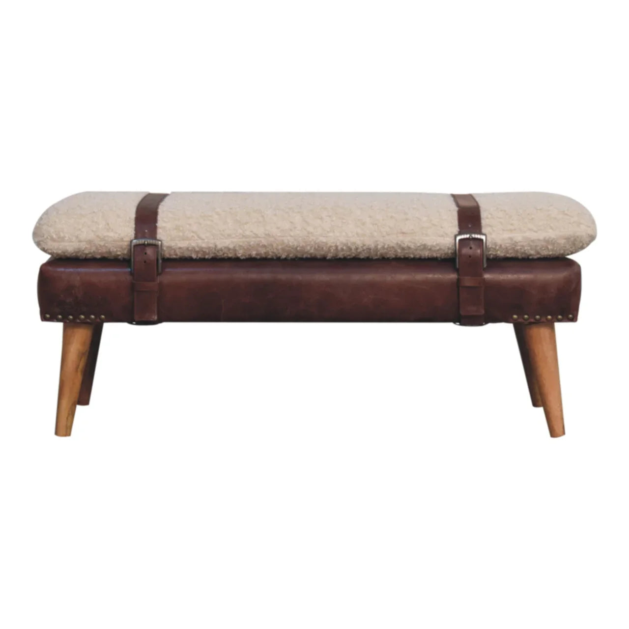Boucle & Mahogany Leather Bench | Wooden Bench with Nordic Legs | Mango Wood Sitting Bench
