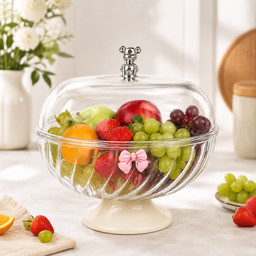 Fruit Storage Bowl with Lid & Drain Tray- 10 Inch | Multi-Functional Fruit Basket with Built-in Drainer | Dustproof Cover | Serving Tray for Fruits, Vegetables & Snacks | Kitchen & Dining Use