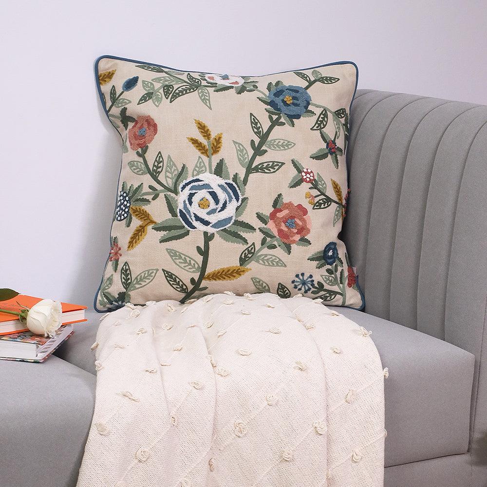 Botanical Paradise Cushion Cover | Hand Embroidered Cotton Sofa Cushion Cover with Nature Motif - 1Pc