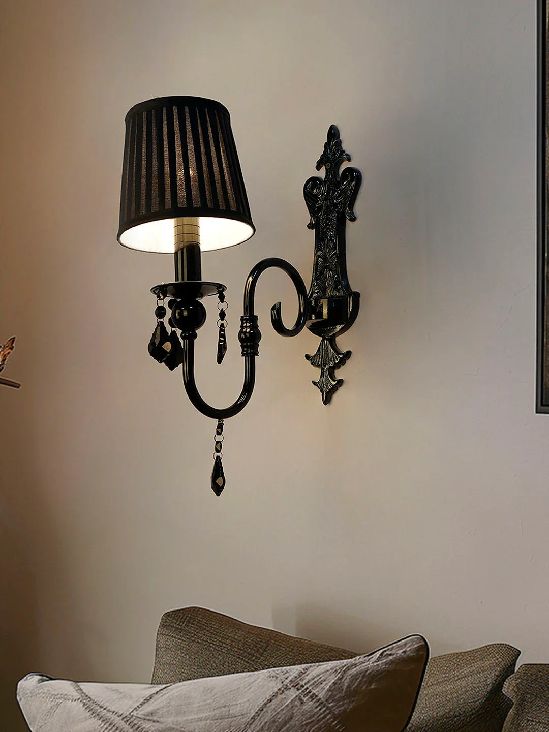Black Crystal Wall Sconce with Pleated Black Shades