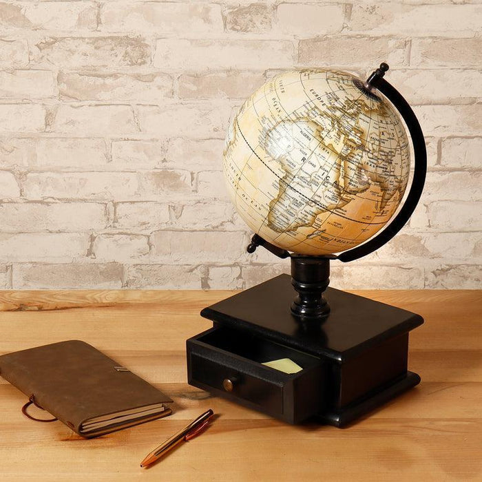 Pastel Yellow Wooden World Globe With Storage Drawer For Home & Office