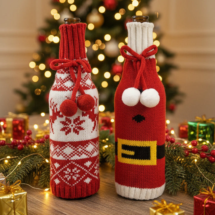 Woolen Christmas Wine Covers – Santa, Snowflake & Reindeer Design-Red Green