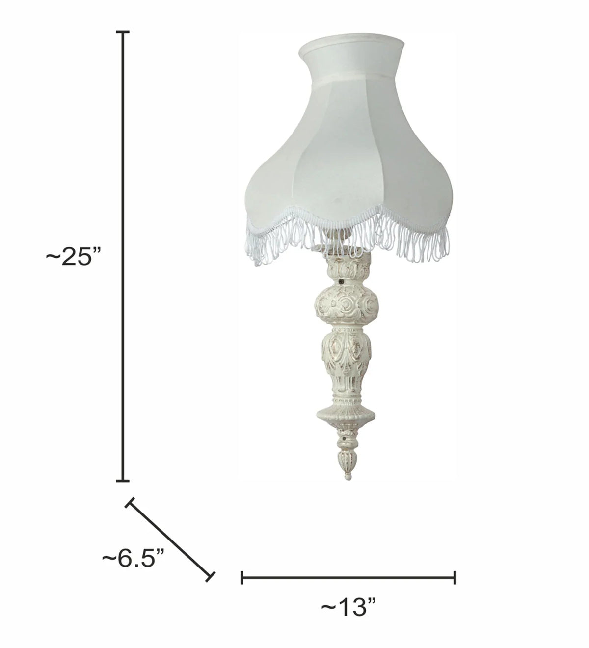 Aluminium Handcrafted Distressed Ornate Pillar Transitional Wall Sconce With Fringed Fabric Shade