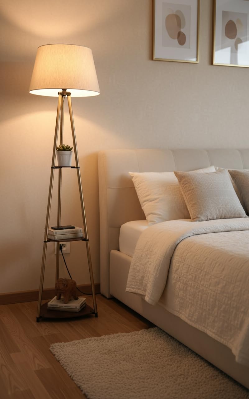 3 Shelves Floor Lamp Brass Antique Finish 5 Feet Height with 16” Diameter Off White Shade for Living Room, Bedroom and Home Decoration