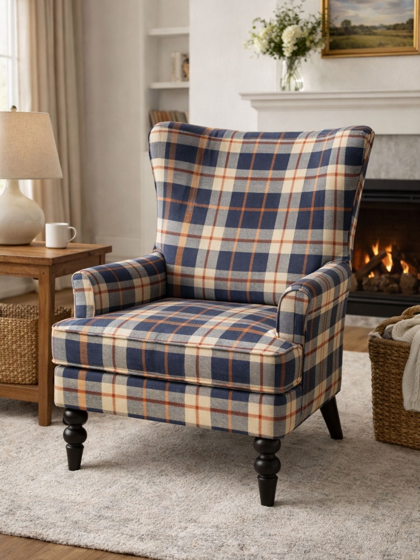 Classic Navy Check Upholstered Armchair