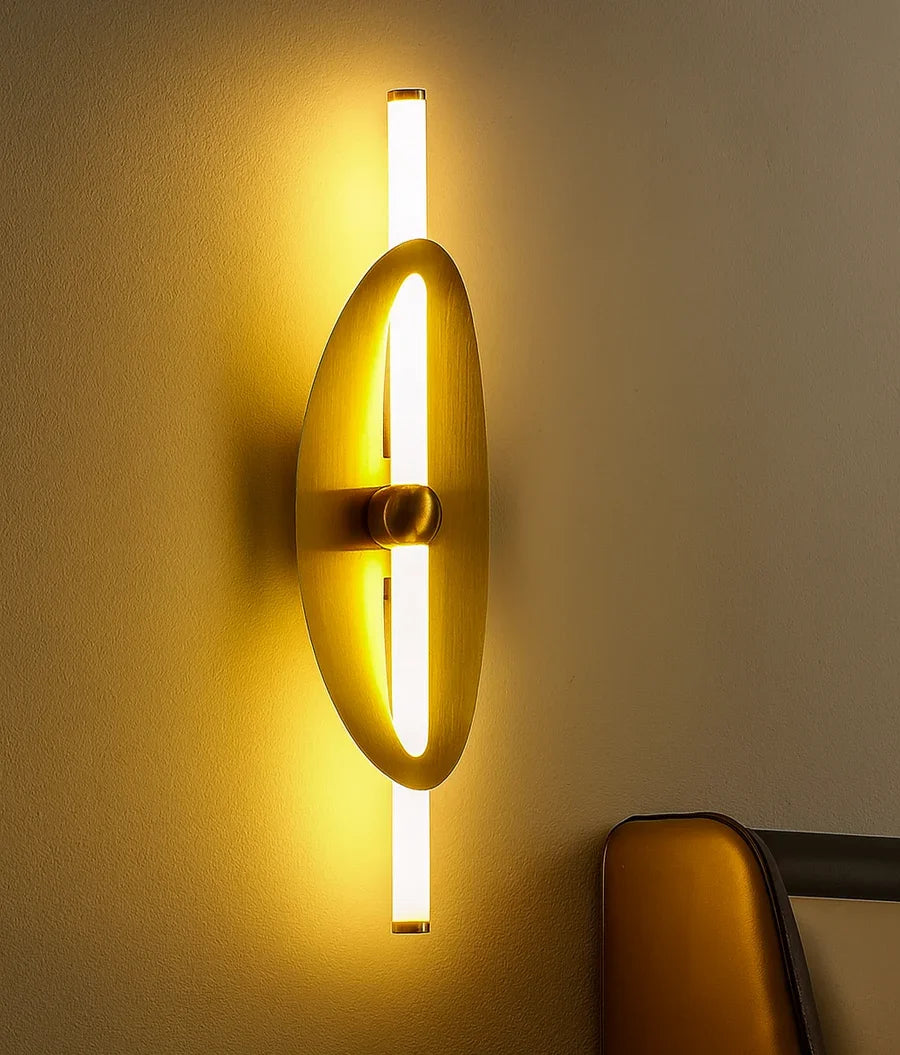 Modern Designer Wall Light – Gold Finish, Dual Tube LED with Oval Panel
