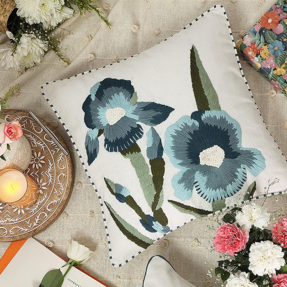 One Orchid Oasis Sofa Cushion Cover  Hand Embroidered Cotton Cushion Cover | Multicolour Decorative Sofa Pillow Cover