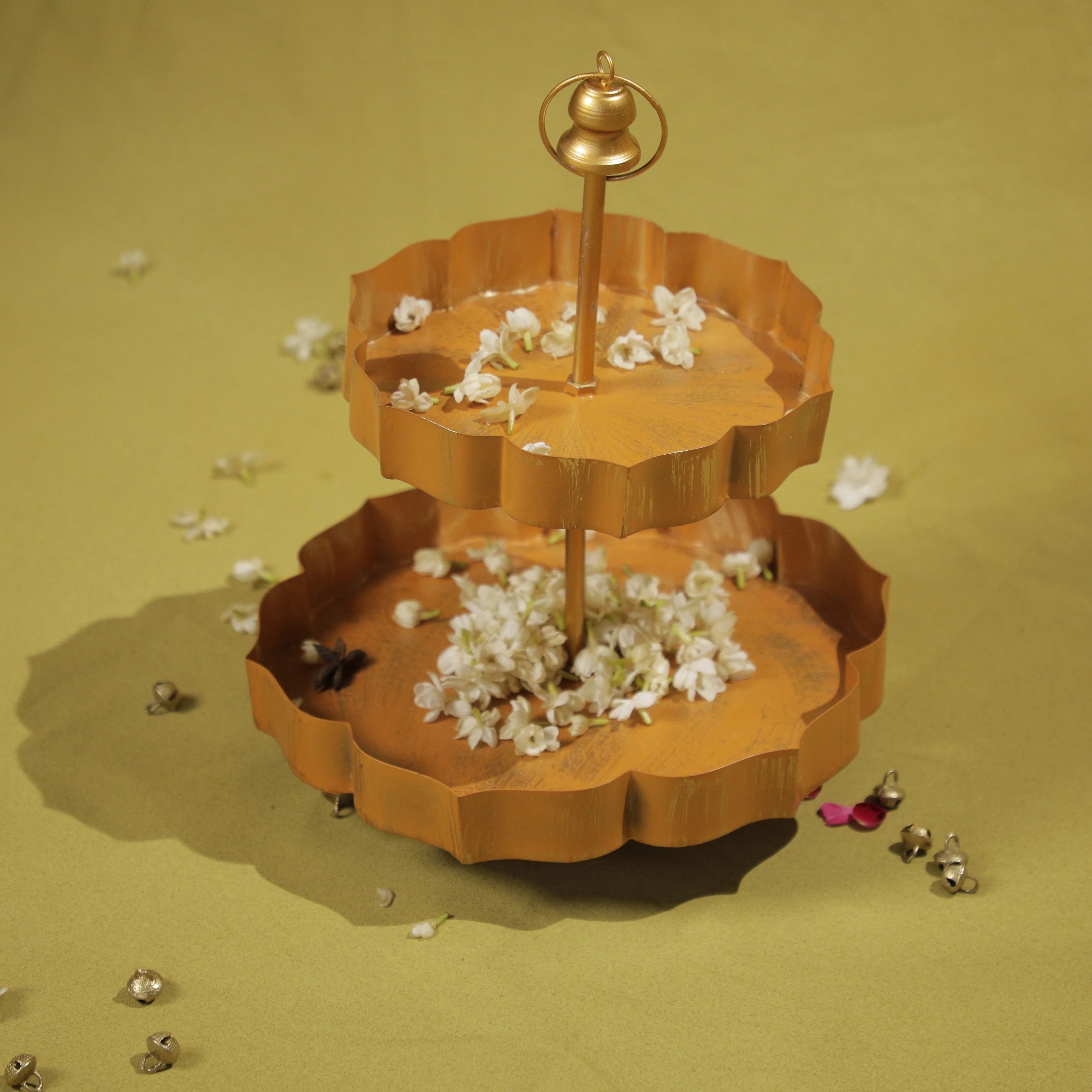 Handcrafted Two-Tier Metal Flower-Shaped Urli Stand