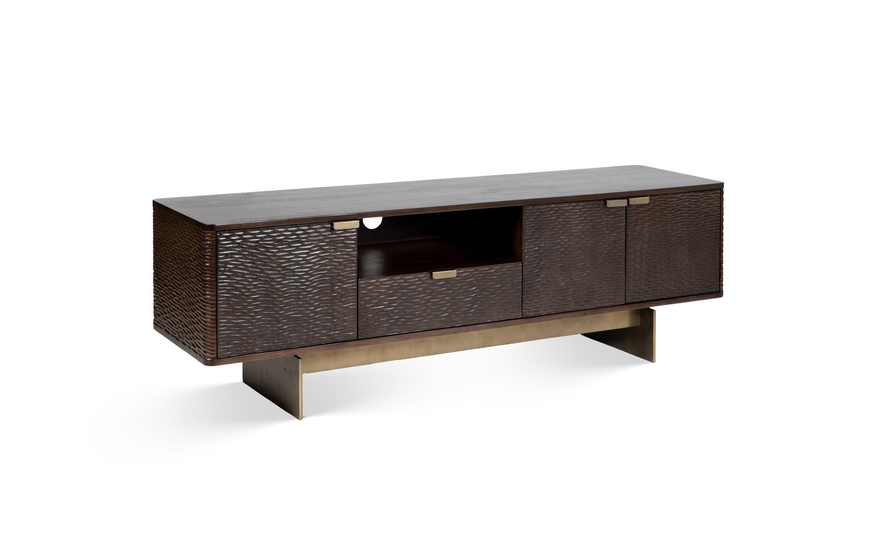 Sculpt TV Unit | Acacia Wood, Stainless Steel, and Brass