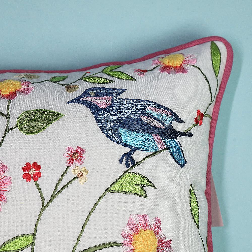 Vintage Birdie Bloom Sofa Cushion Cover | Hand Embroidered Cotton Cushion Cover - 1Pc
