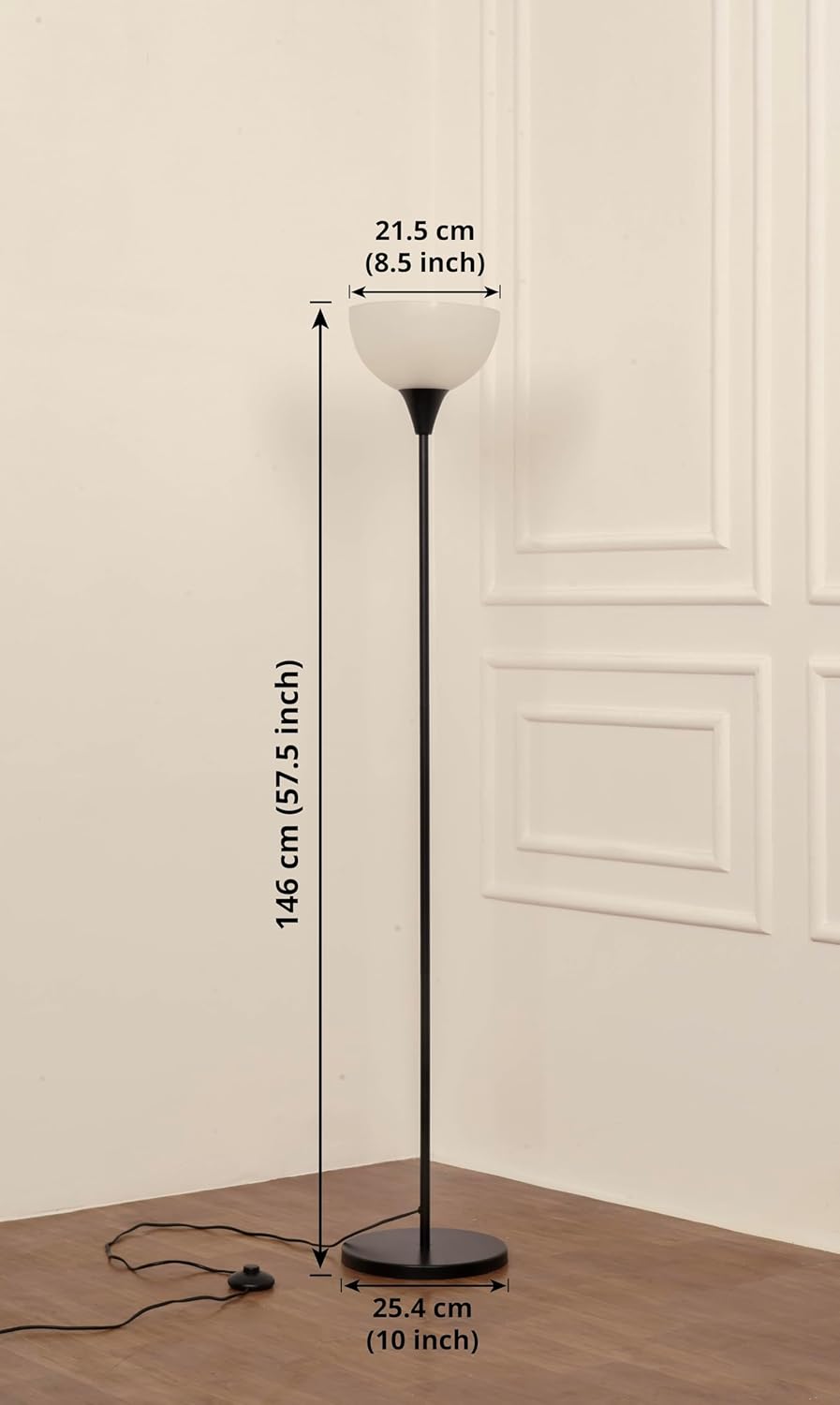 Uplighter Black Polished Floor Lamp for Living Room with Frosted Glass Lampshade