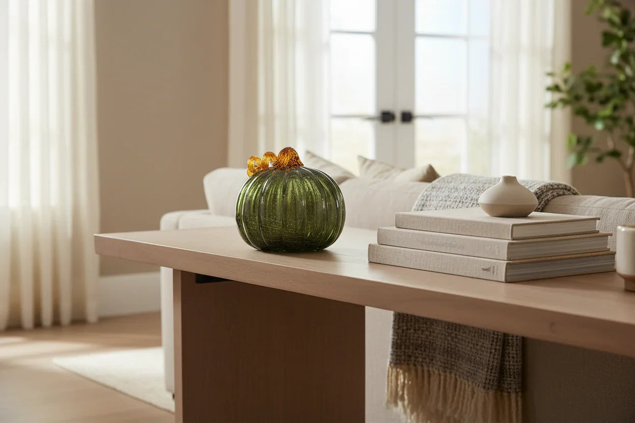Olive Pumpkin Crystal Glass Sculpture | Luxury Green Decorative Centerpiece for Home | Decorative Showpiece