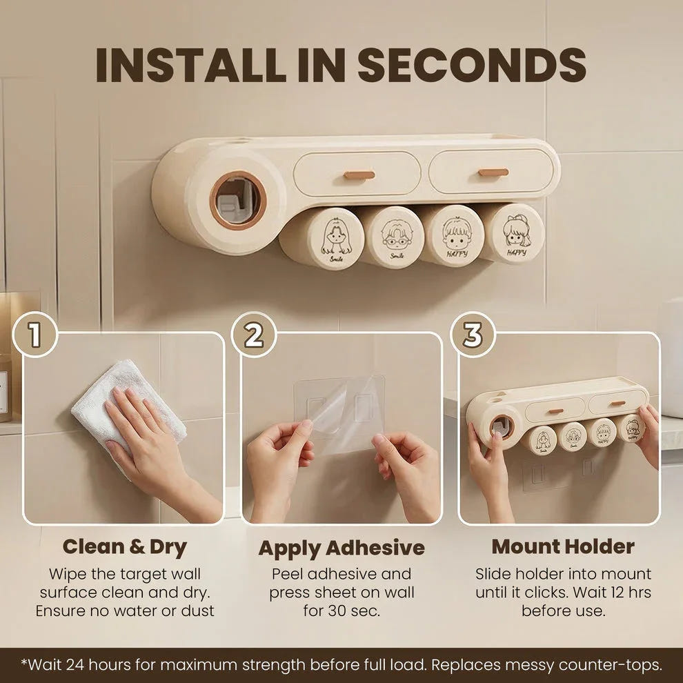 Wall Mounted Toothbrush Storage Holder | Mounted Organizer Plastic Brush Stand | Bathroom Accessories Set Toothpaste Dispenser | Built-in Drawer- Cream