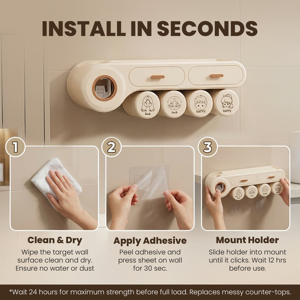 Wall Mounted Toothbrush Storage Holder | Mounted Organizer Plastic Brush Stand | Bathroom Accessories Set Toothpaste Dispenser | Built-in Drawer- Cream