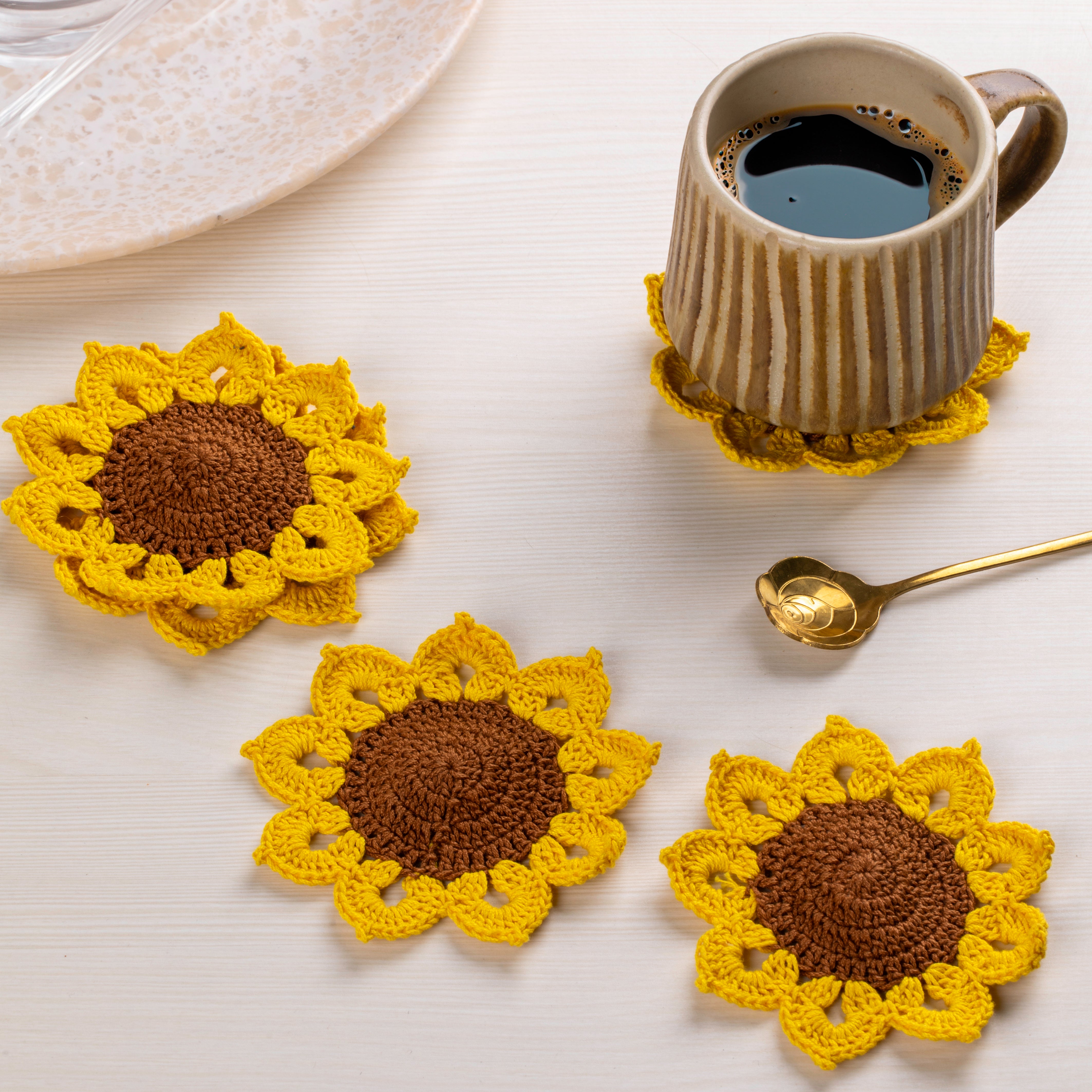 Crochet Sunflower Coasters - Mustard / 4" diameter / Set of 5