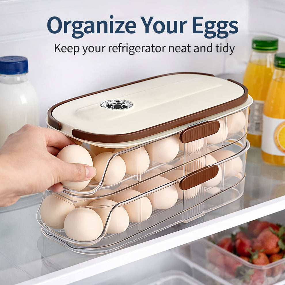 Egg Holder with Auto Rolling Design | Transparent Fridge Egg Dispenser Storage Organizer | Unbreakable, Space Saving Egg Container for Refrigerator Kitchen (2-Tier- Dubble Side)