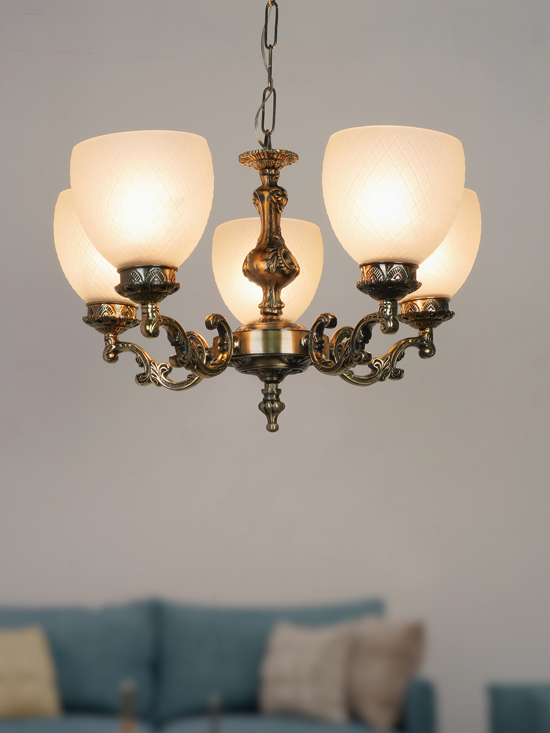 Traditional Ornate Aluminium 5-Lights Frosted Diamond Glass Chandelier