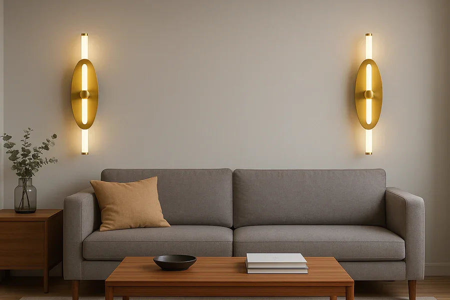 Modern Designer Wall Light – Gold Finish, Dual Tube LED with Oval Panel