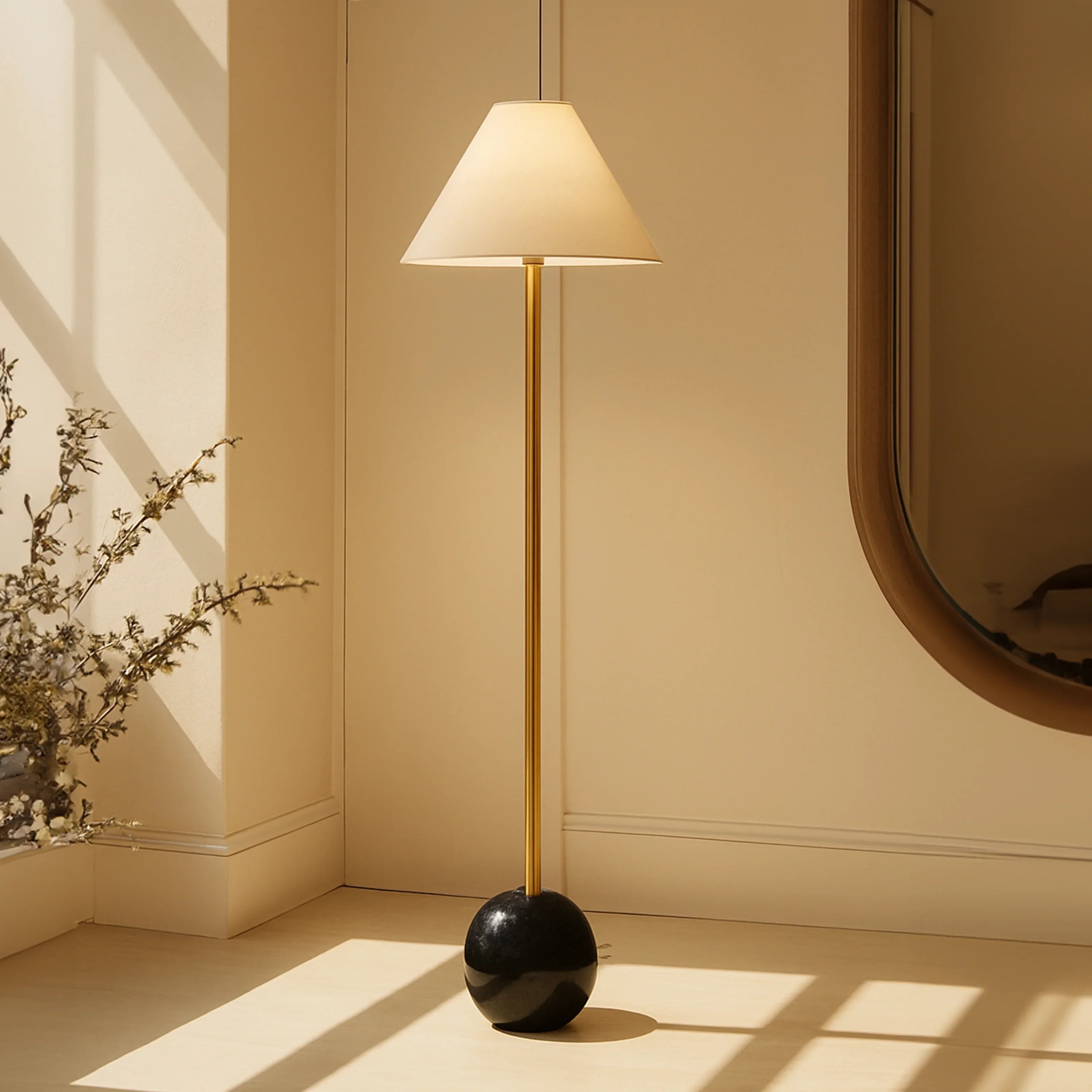 Velar Floor Lamp for Living Room | Modern Brass Finish Standing Lamp with Marble Base & White Linen Shade
