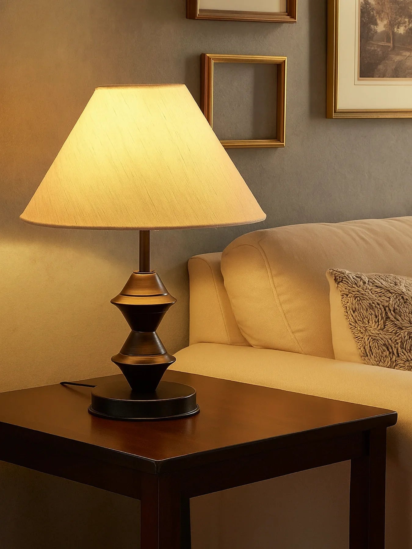 Palm Print Table Lamp for Living Room | Black Metal Base with Satin Shade Bedside Lamp