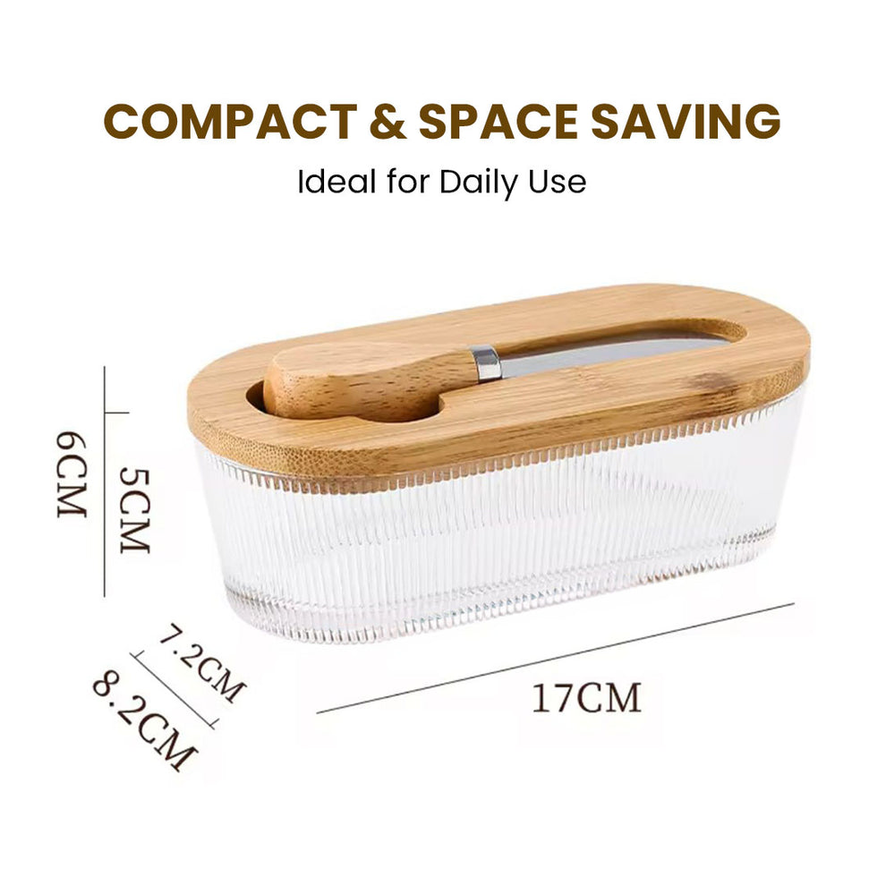 Premium Glass Butter Dish with Wooden Lid, Large Butters Container Keeper Storage with Stainless Steel Knife Spreader, Bamboo Cover and Silicone Sealing Ring for West East Coast