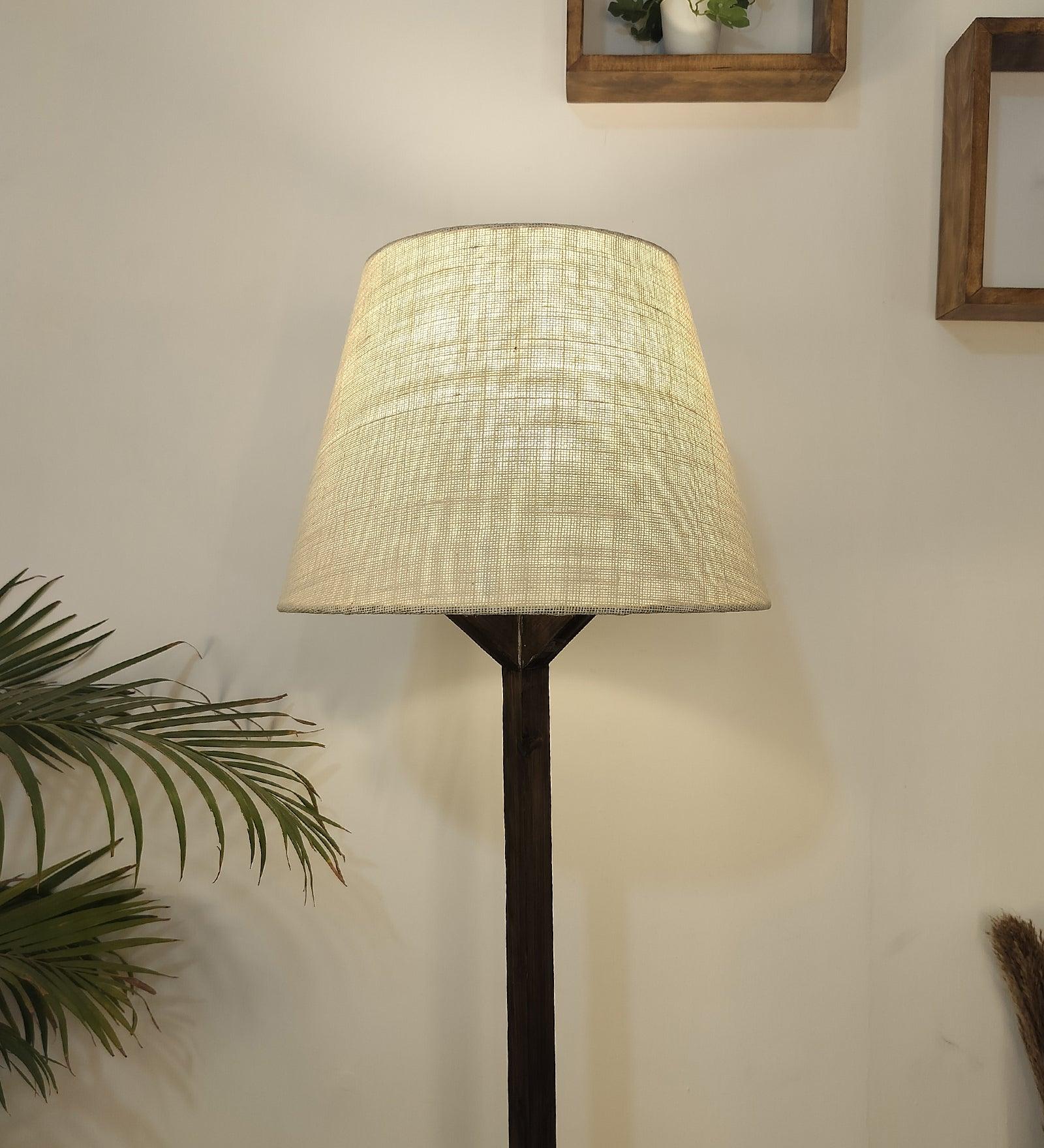 Troika Wooden Floor Lamp with Brown Base and Premium Beige Fabric Lampshade