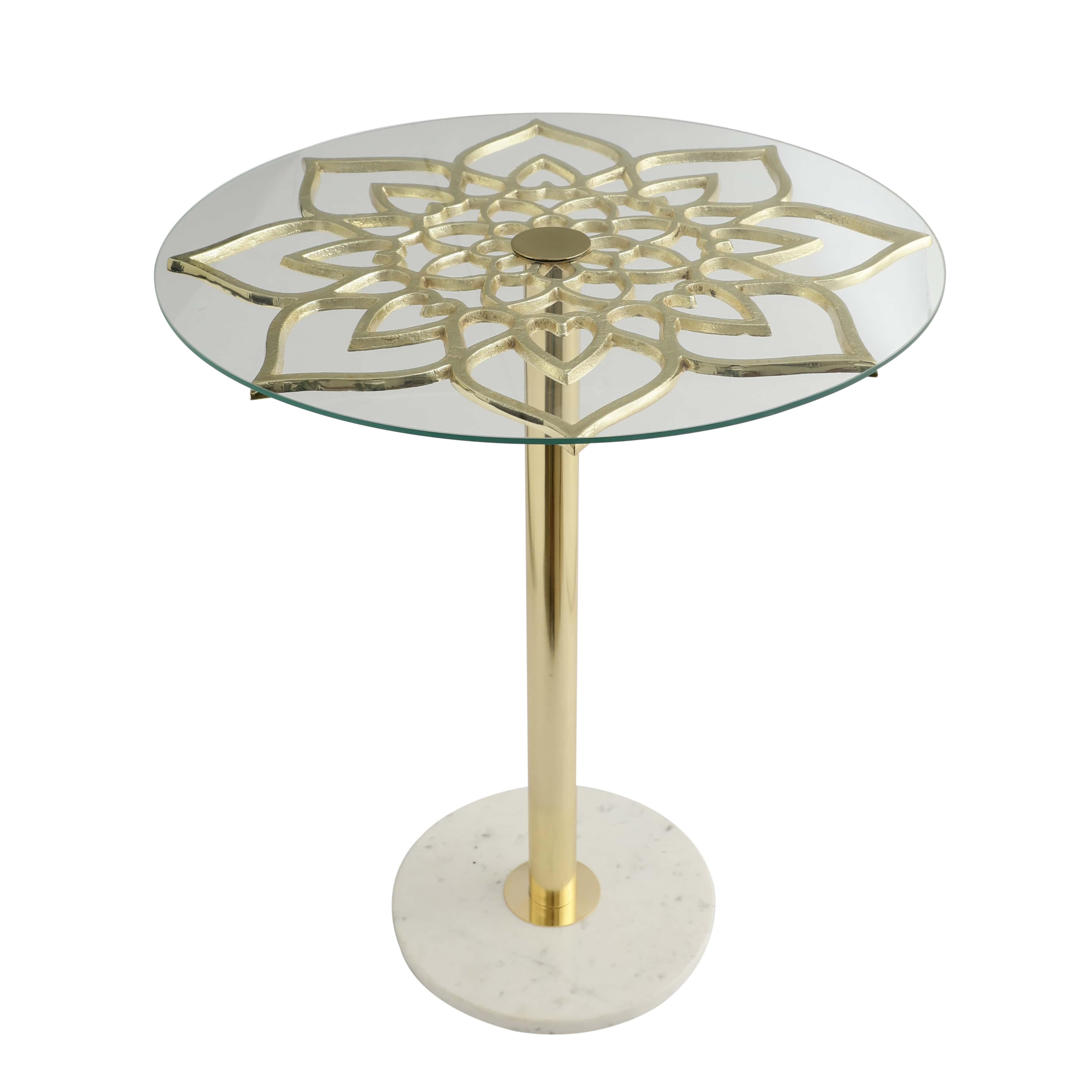 Eden Gold End Table | Luxury Glass & Metal Flower-Shaped Side Table for Living Room with Marble Base