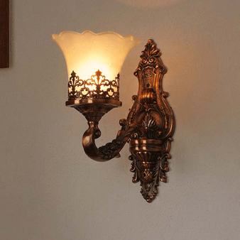 Antique Copper Finish Classic Single Light Aluminium Wall Lamp With Adorned Translucent Glass Shades