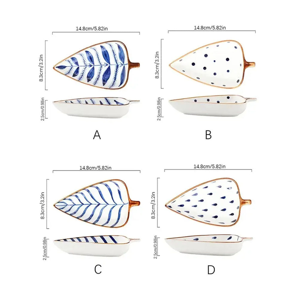 Leaf-Shaped Ceramic Serving Platter with Wooden Board | 4 Small Glossy Snack Tray | Perfect for Serving Sweets, Cookies, Dry Fruits, Mouth Freshener & Snacks (Blue & White)