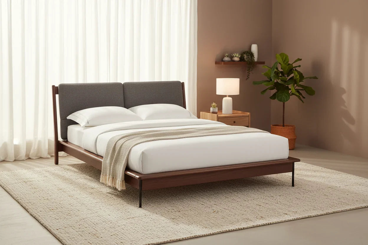 Kaelora Solid Teak Wood, Fabric Upholstery And Black Metal Finish King Size Bed