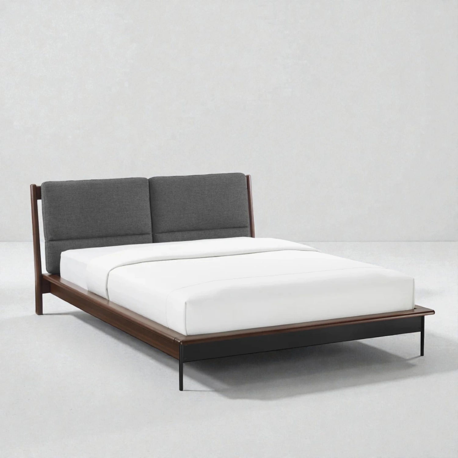 Bonny Solid Teak Wood, Fabric Upholstery And Black Metal Finish King Size Bed