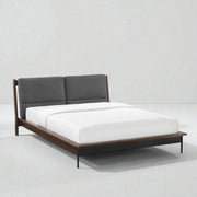 Bonny Solid Teak Wood, Fabric Upholstery And Black Metal Finish King Size Bed
