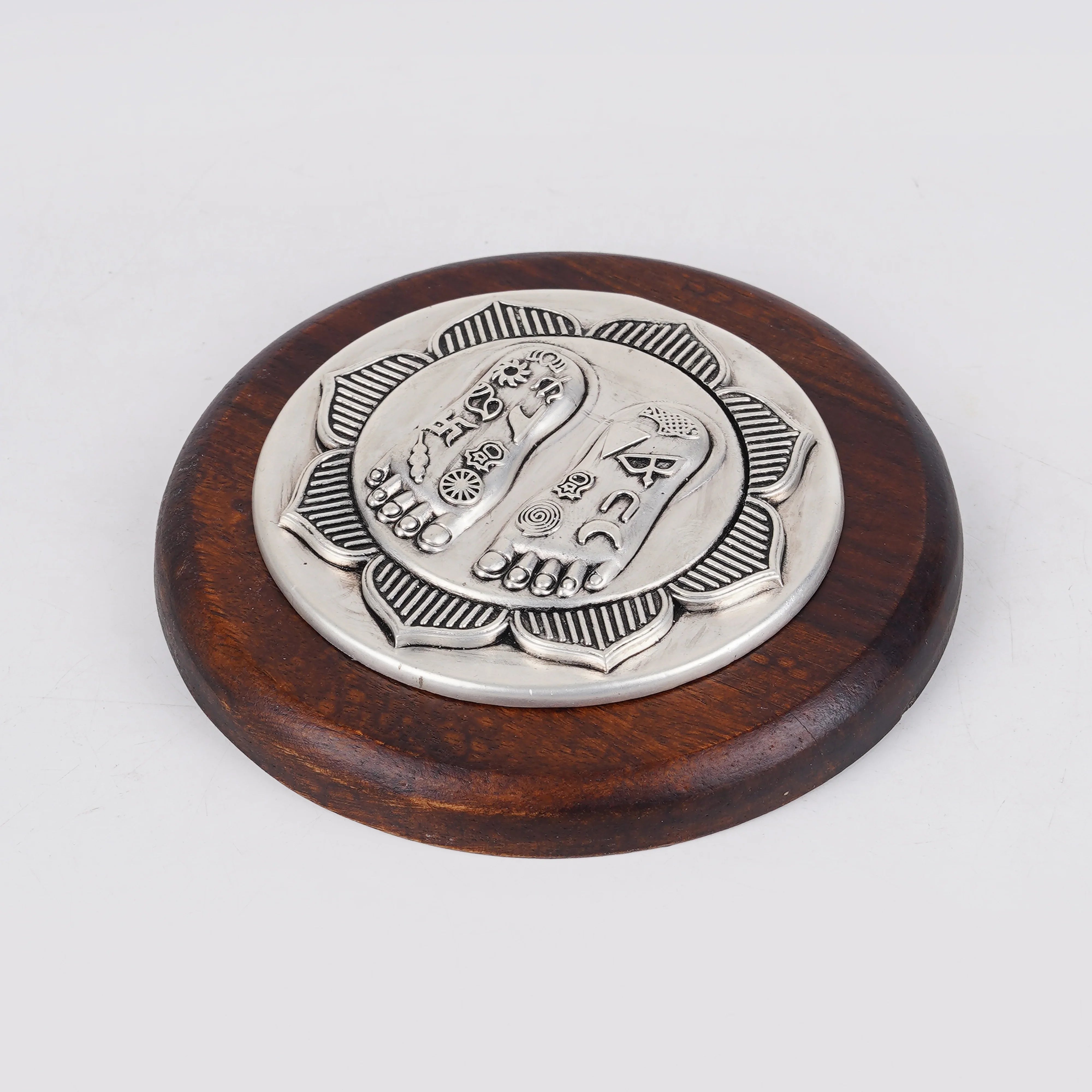 Silver Plated Brass Lakshmi Charan Sacred Goddess Feet Plaque On Wooden Plank