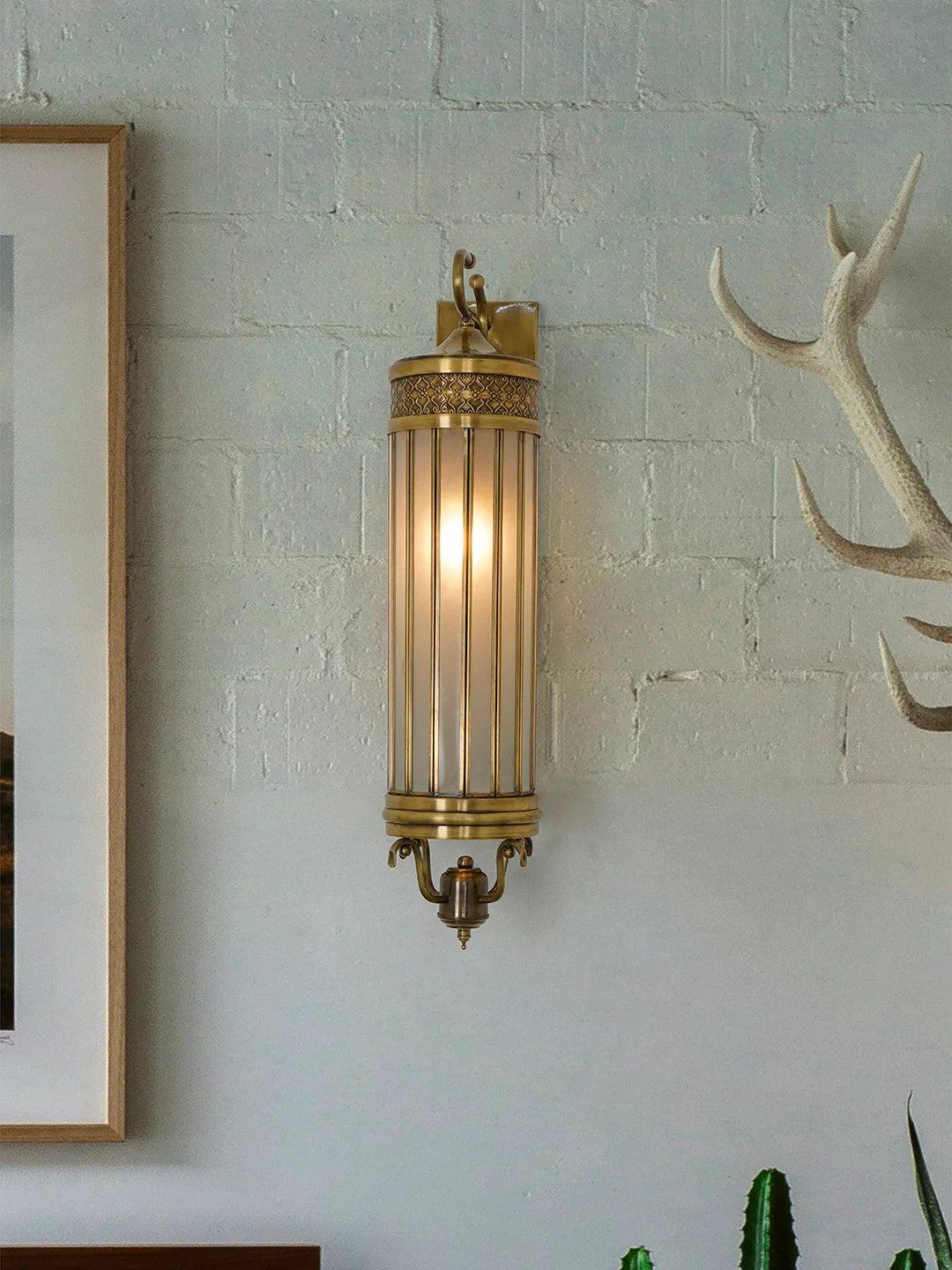 Classic Antique Brass Cylindrical Glass Wall Sconce