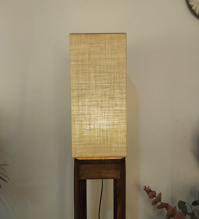 Sputnik Wooden Floor Lamp with Beige Fabric Lampshade