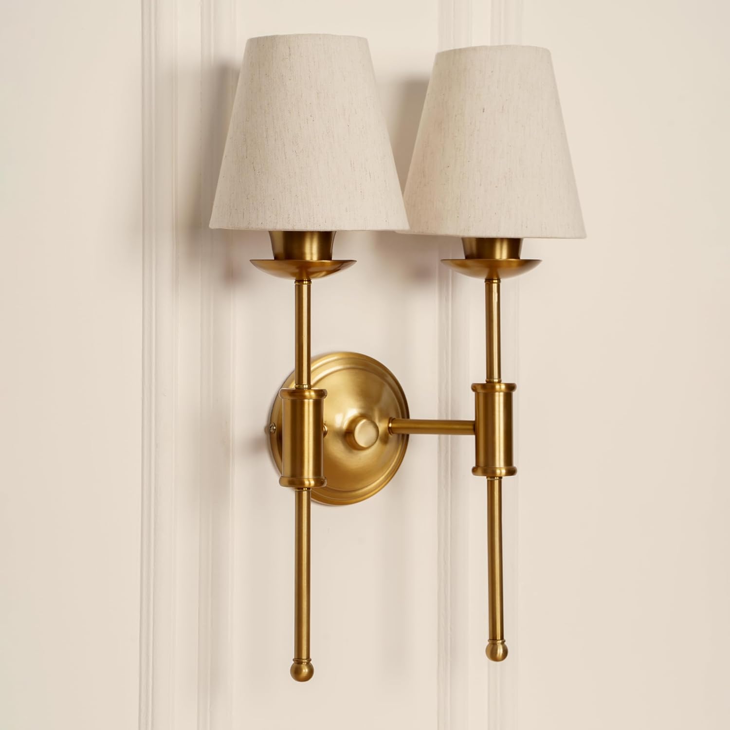 Double Spacer Wall Light Antique Brass Finish with Off White Shade for Living Room, Bedroom and Home Decoration