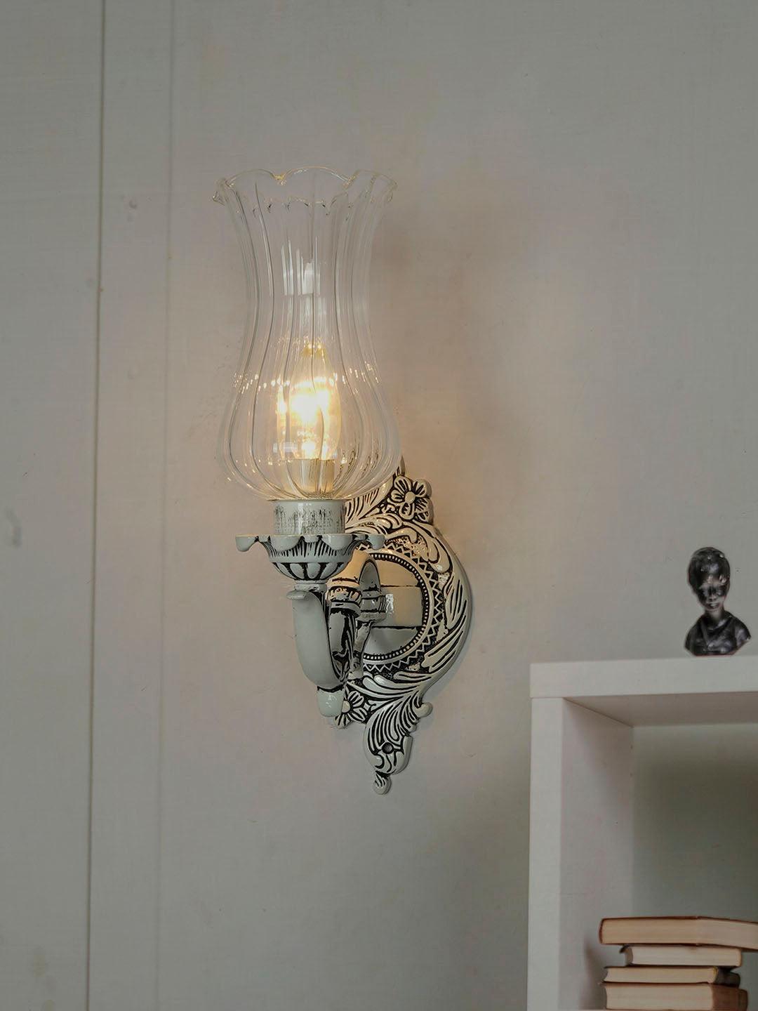 Traditional Swan Single Wall Lamp in Antique White with Fluted Glass Shade