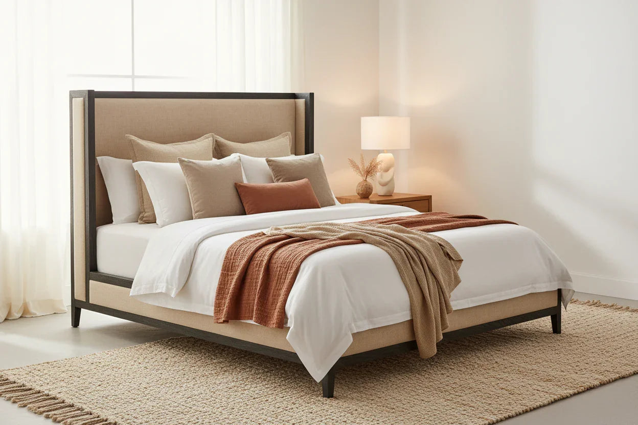 Aurenza Solid Teak Wood And Fabric Upholstered King Size Bed