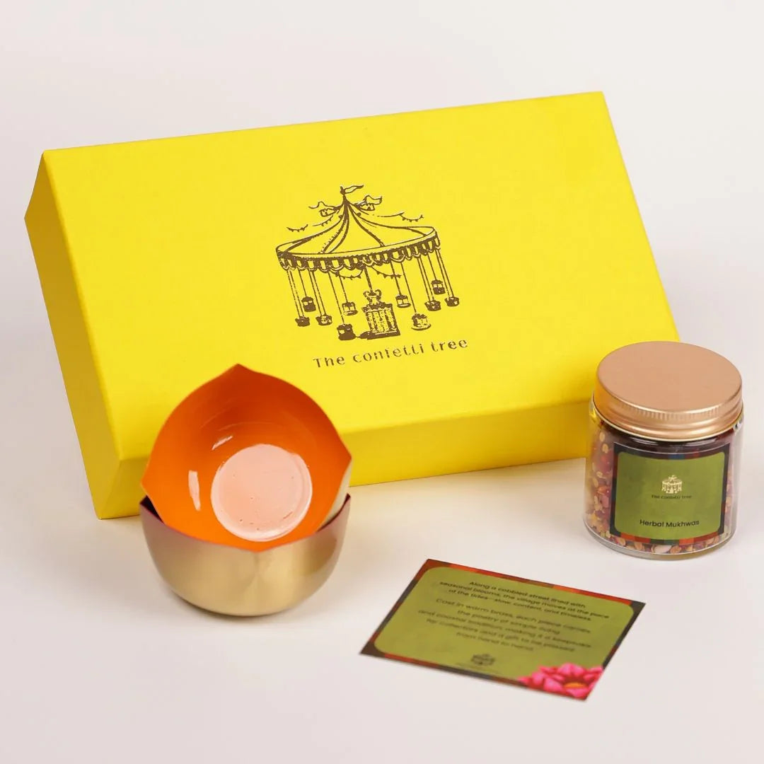 Diwali Gift Box with Pure Brass Diyas (Set of 2) & Herbal Mukhwas – Festive Gifting for Home & Corporate