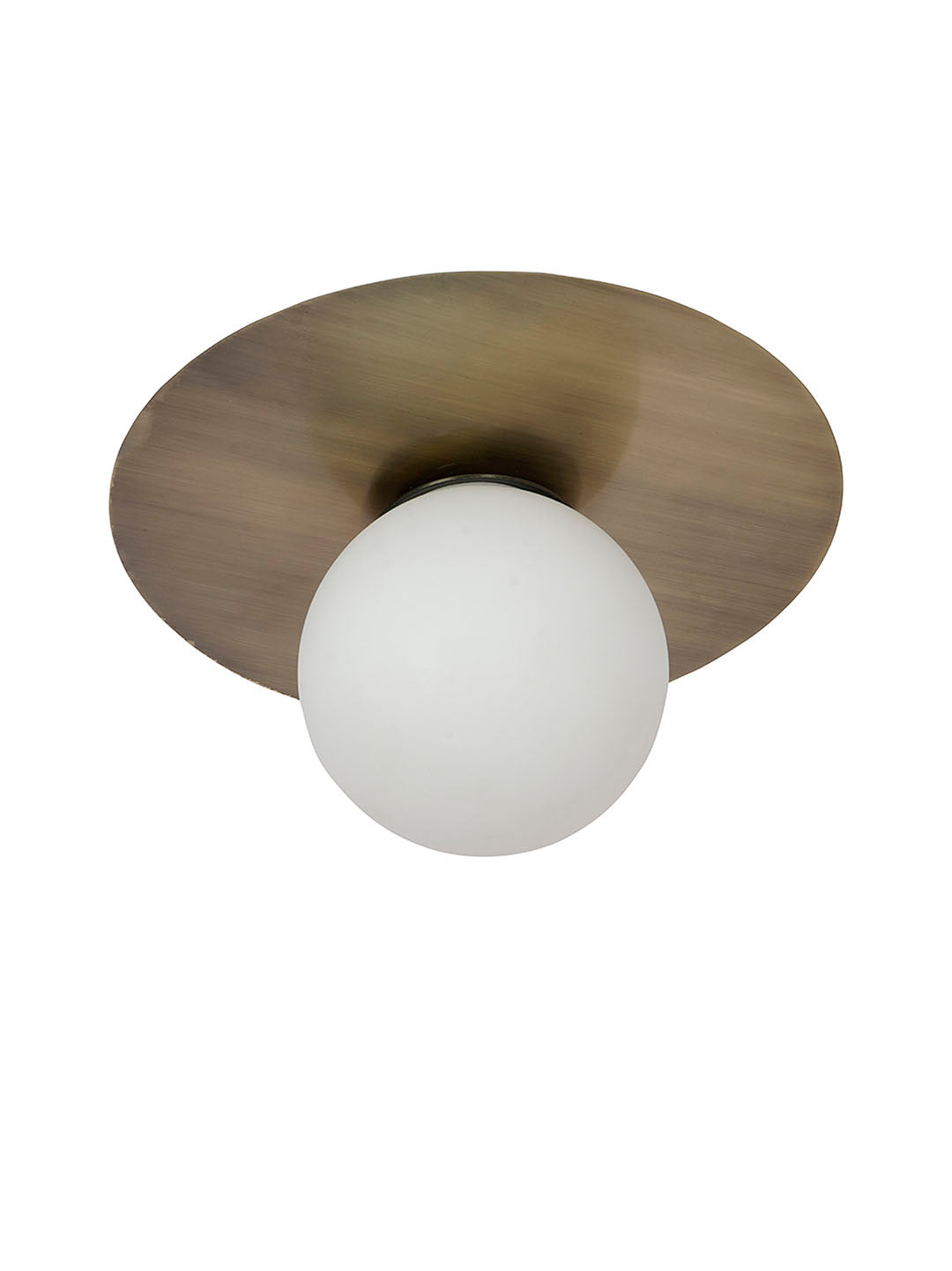 Modern Antique Brass Disc Ceiling or Wall Light with Frosted Globe