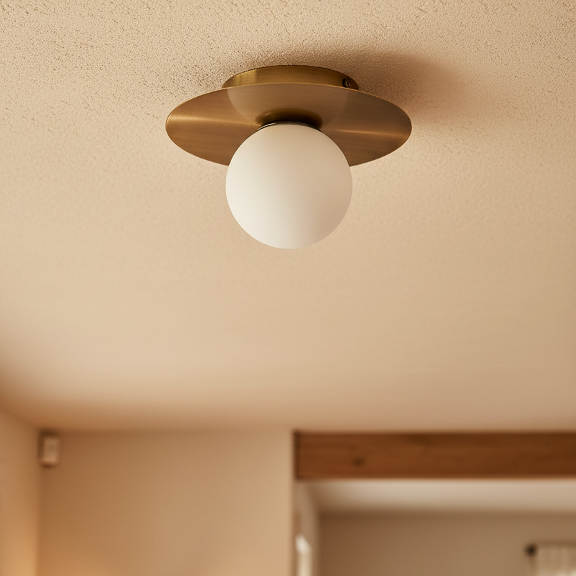Modern Antique Brass Disc Ceiling or Wall Light with Frosted Globe