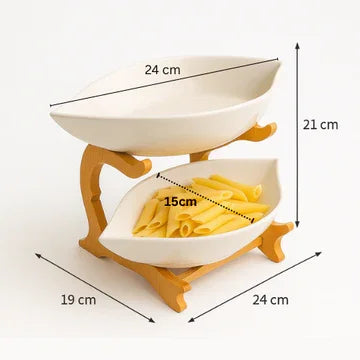 2-Tier Ceramic Serving Bowls with Wooden Stand