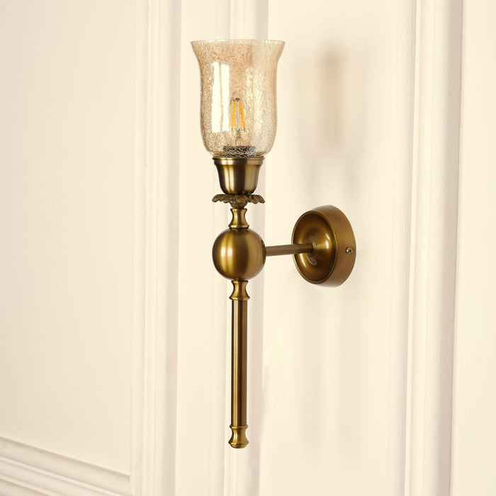 Brass Antique Finish Ball Wall Lamp with Chimney Crackled Glass Golden Luster Shade