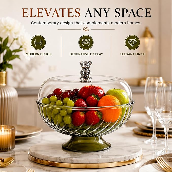 Fruit Storage Bowl with Lid & Drain Tray- 10 Inch | Multi-Functional Fruit Basket with Built-in Drainer | Dustproof Cover | Serving Tray for Fruits, Vegetables & Snacks | Kitchen & Dining Use